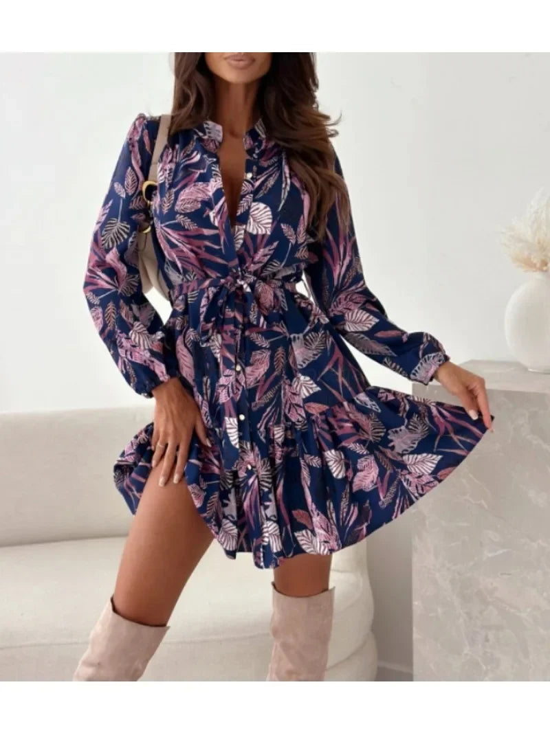 Womens Printed Shirt Dress With Belt Round Neck Long Sleeve