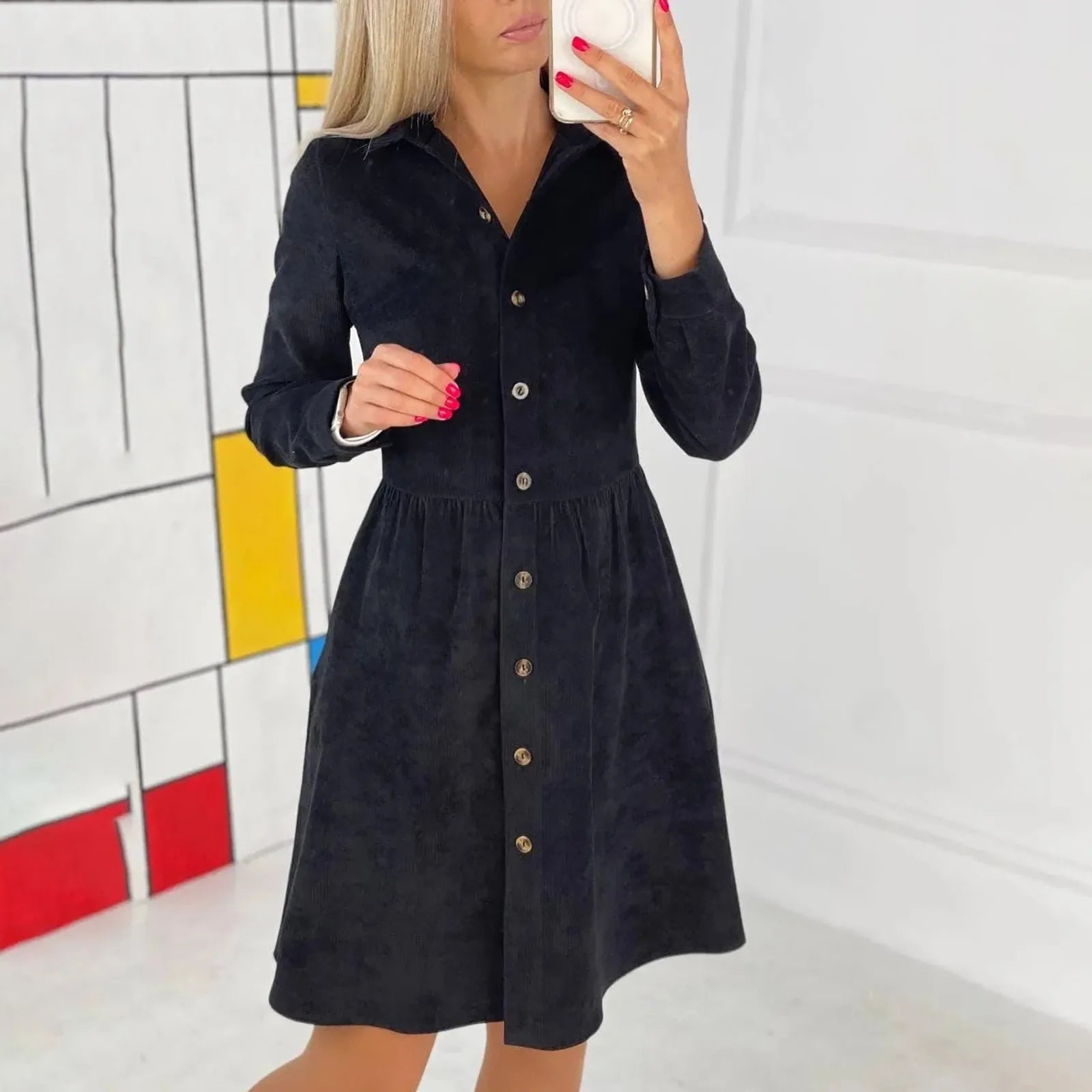 Corduroy Button Down Shirt Dress For Women Long Sleeves
