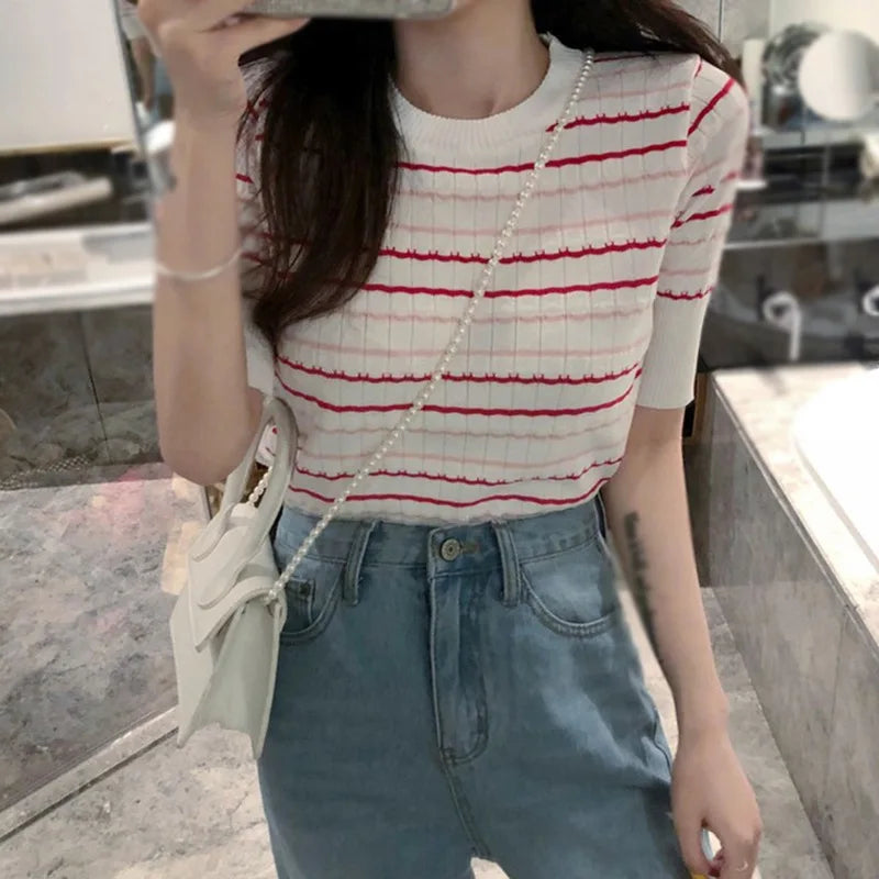 Summer Striped Women's Knitted Crop Top Casual O-Neck Short Sleeve T-Shirt Preppy Style Tees