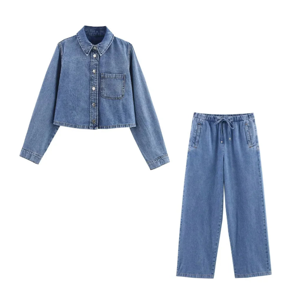 Women's Versatile Denim Long Sleeve Shirt and Pants Set for Casual Spring and Summer Wear