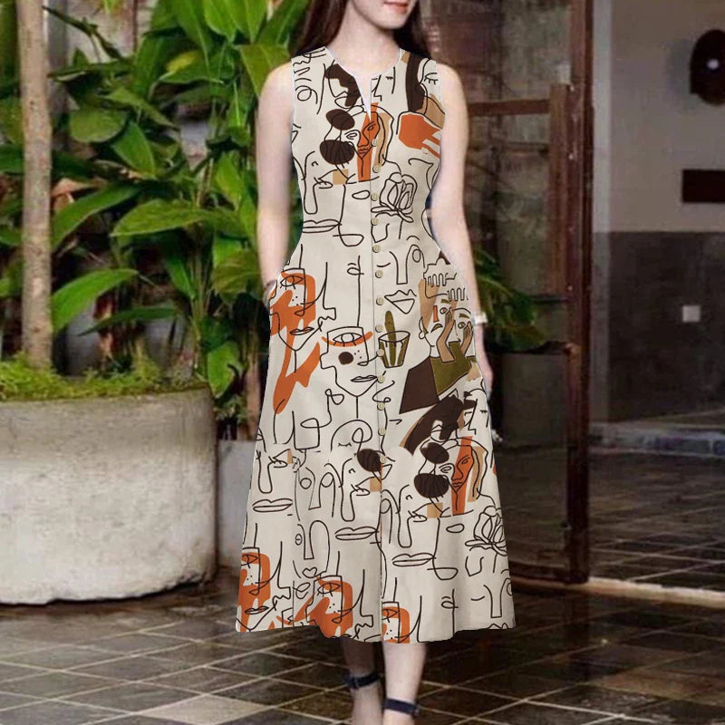 V Neck Sleeveless A Line Printed Sundress For Summer