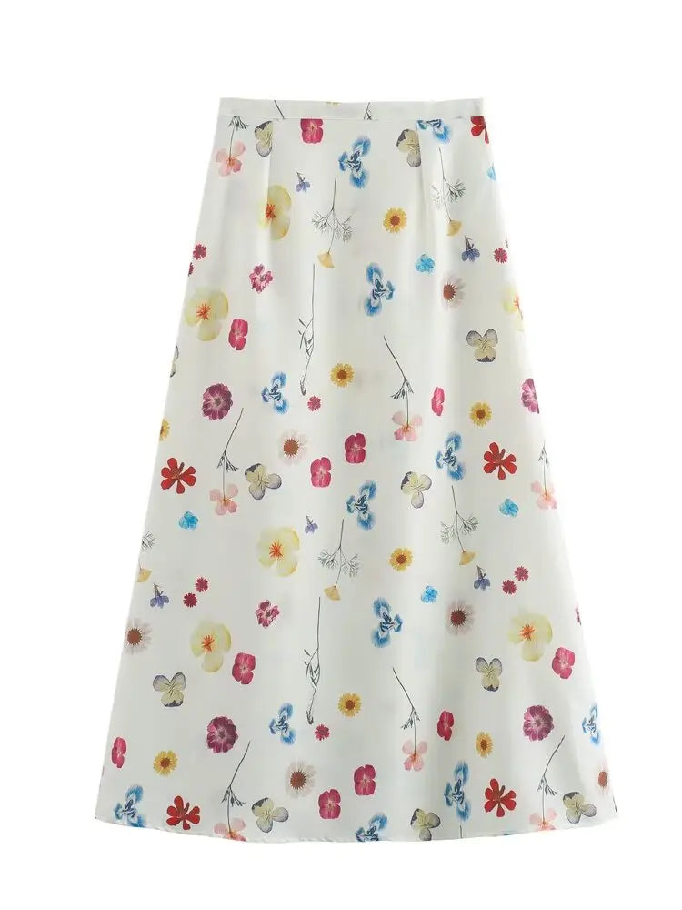 Women's Square Collar Lace-Up Slim Fit Top and Single Breasted A-Line Midi Skirt Two-Piece Set with Feminine Print