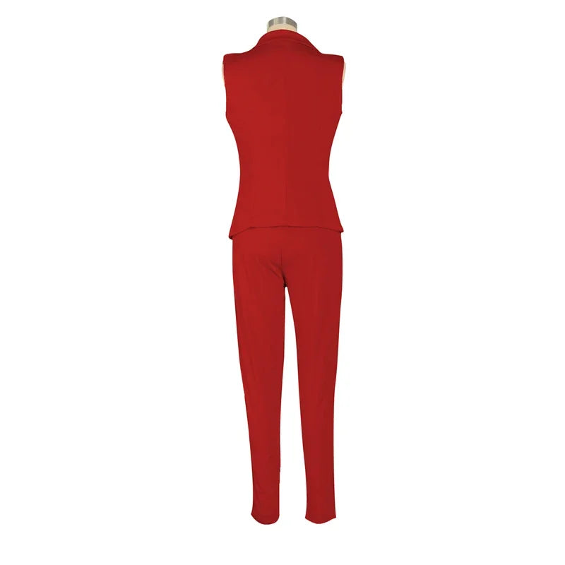 Elegant Women's Two Piece Pant Suit Set with Sleeveless Blazer and Pencil Pants for Office and Business Wear