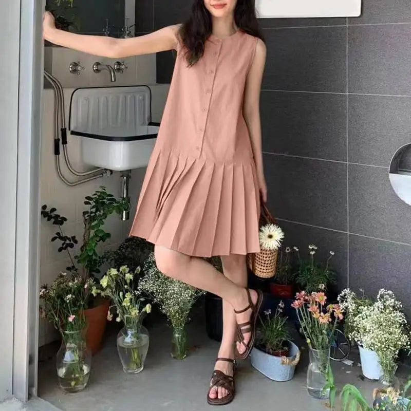 Pleated Button Mini Dress With Tank Sleeveless O Neck