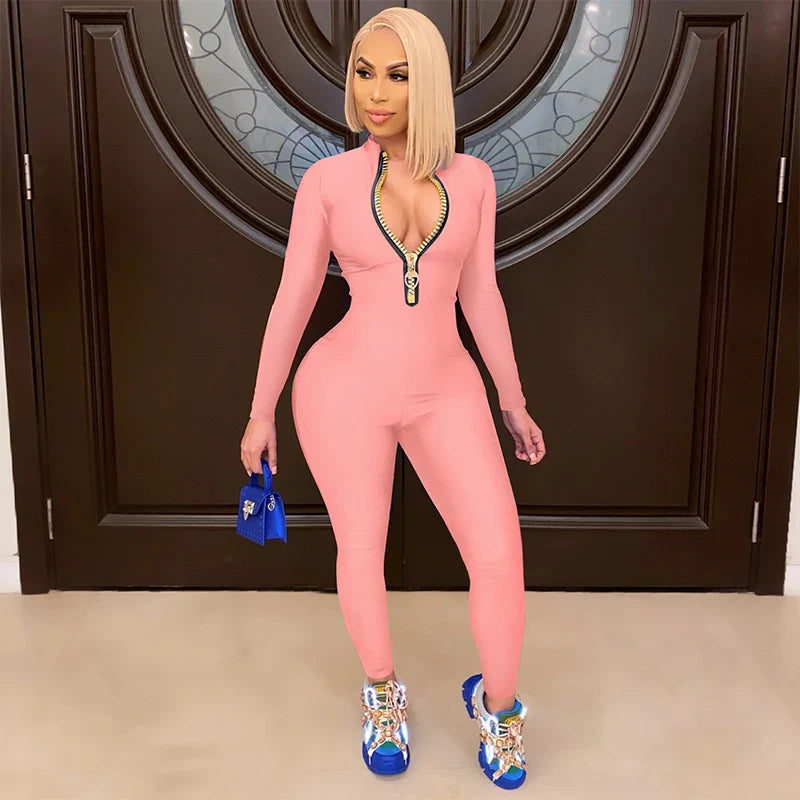 Women's Bodycon Jumpsuit with Zippered Long Sleeve Fit