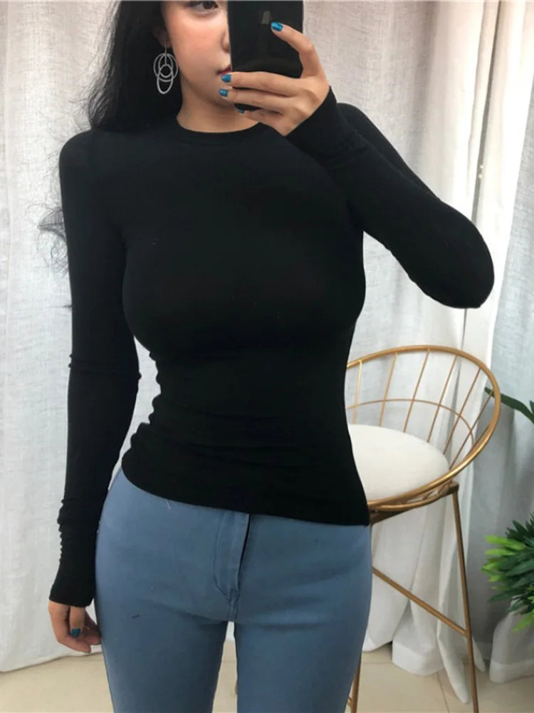 Slim Fit Long Sleeve Casual T Shirt for Women in Korean Style