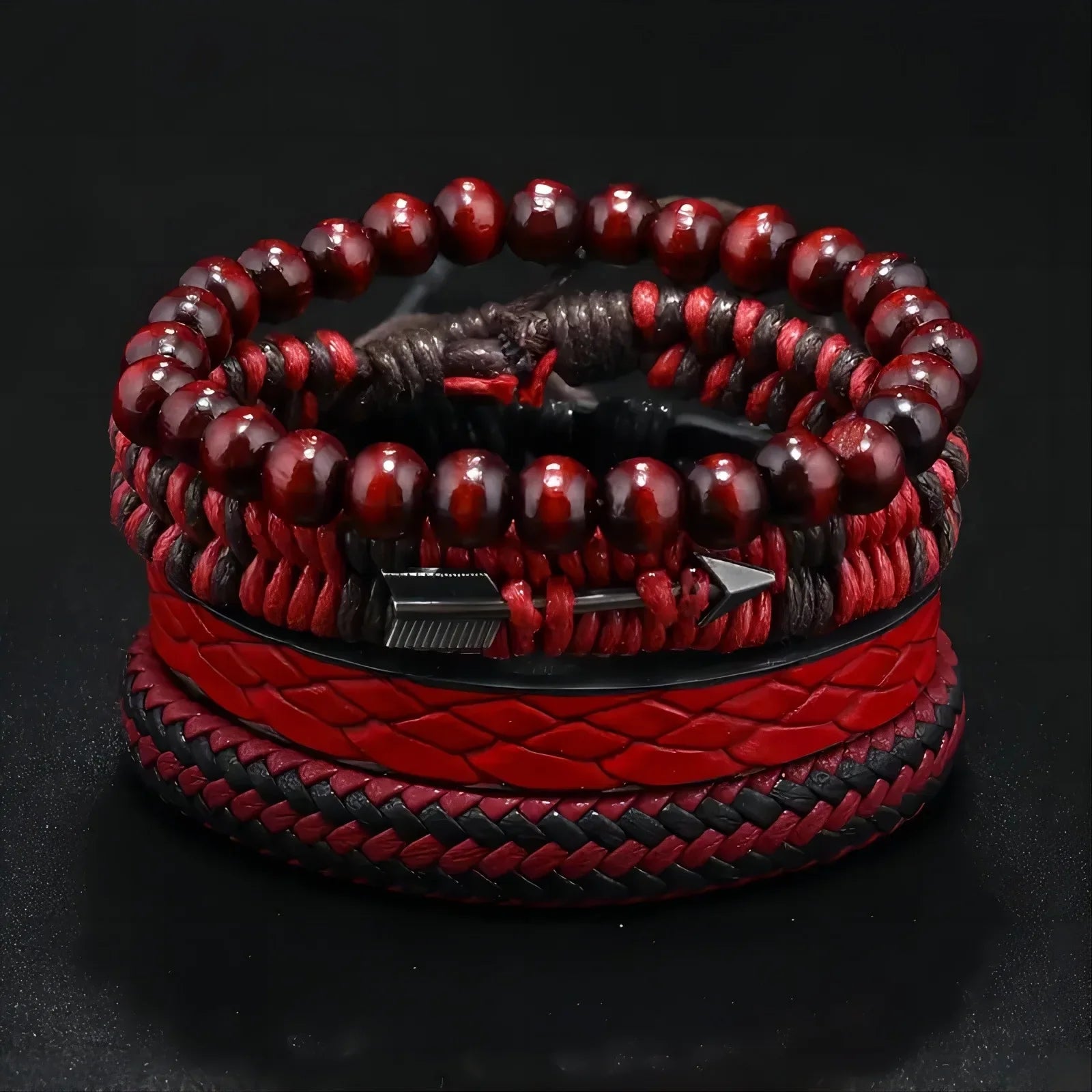 Vintage Men's Leather Bracelet with Wooden Beads and Hand Woven Design