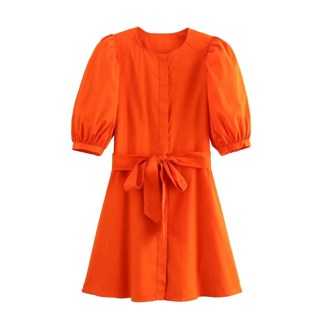 Orange Puff Sleeve Mini Dress With Bow Belt For Women