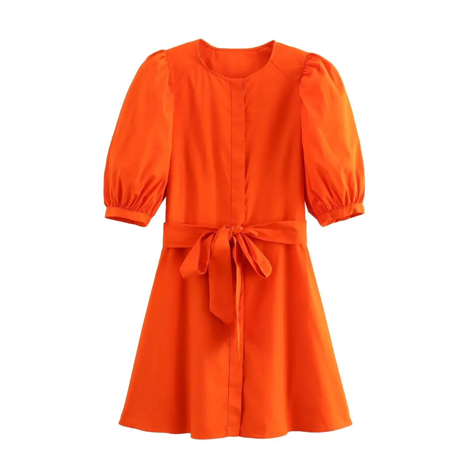 Orange Puff Sleeve Mini Dress With Bow Belt For Women
