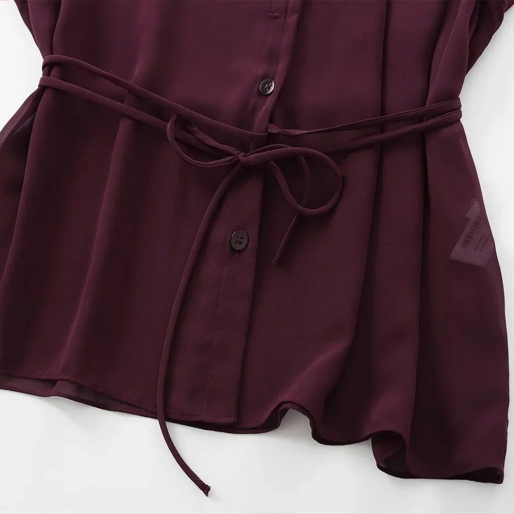 Women's Wine Red Polo Collar Chiffon Shirt Long Sleeve Single Breasted Bow Lace Up Loose Blouse