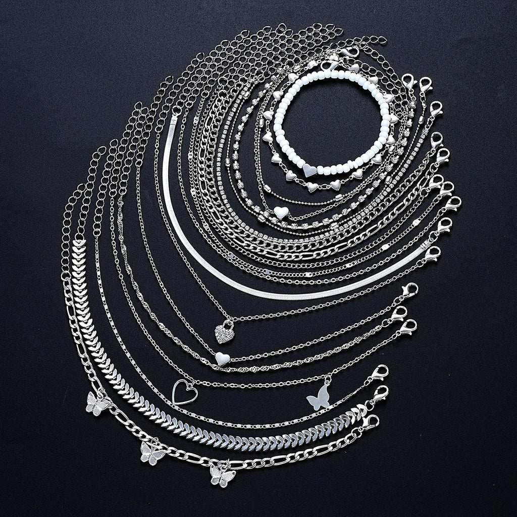19 Pieces Silver Color Anklet Set for Women with Pearl Butterfly Heart and Crystal Foot Chains Daily Fashion Jewelry