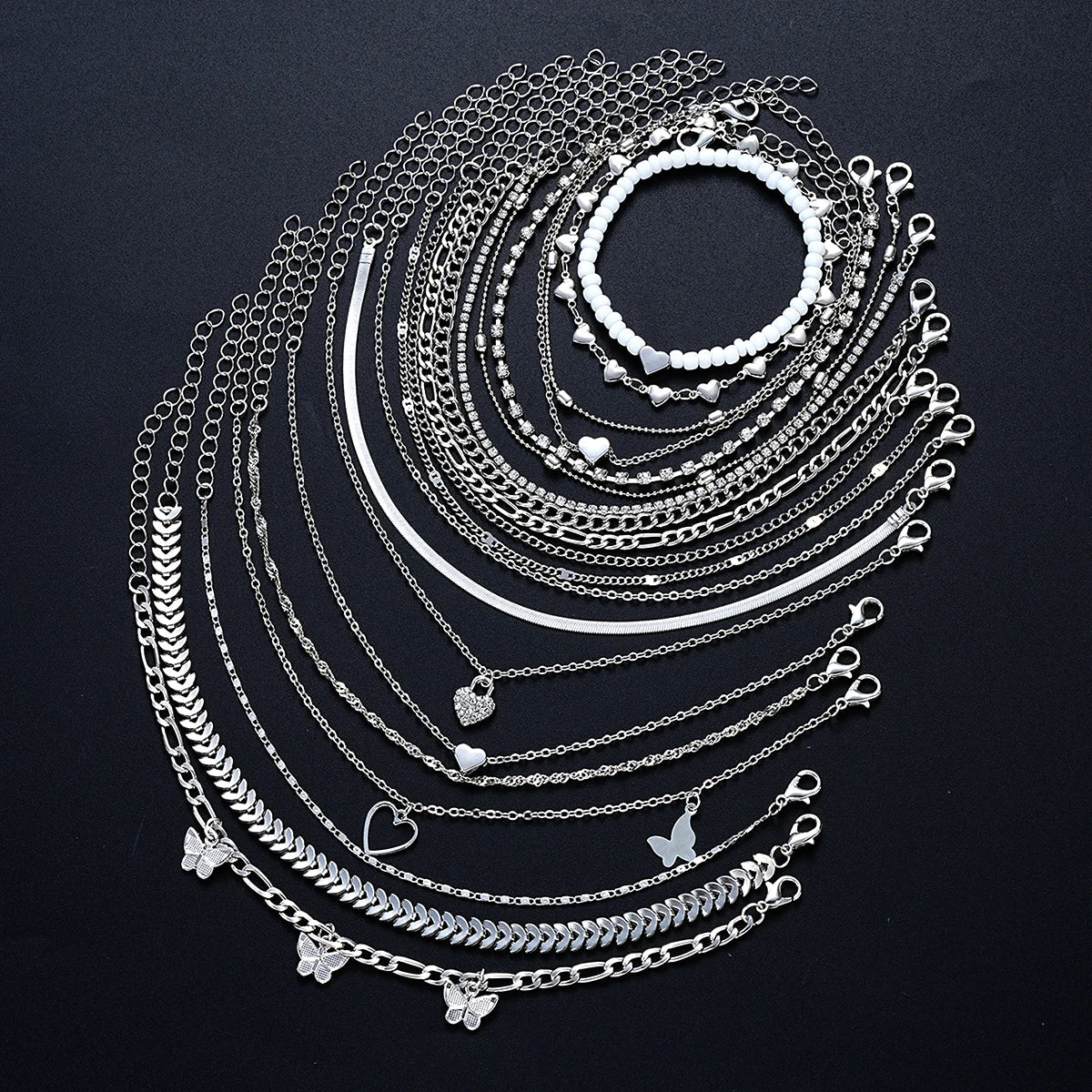 19 Pieces Silver Color Anklet Set for Women with Pearl Butterfly Heart and Crystal Foot Chains Daily Fashion Jewelry