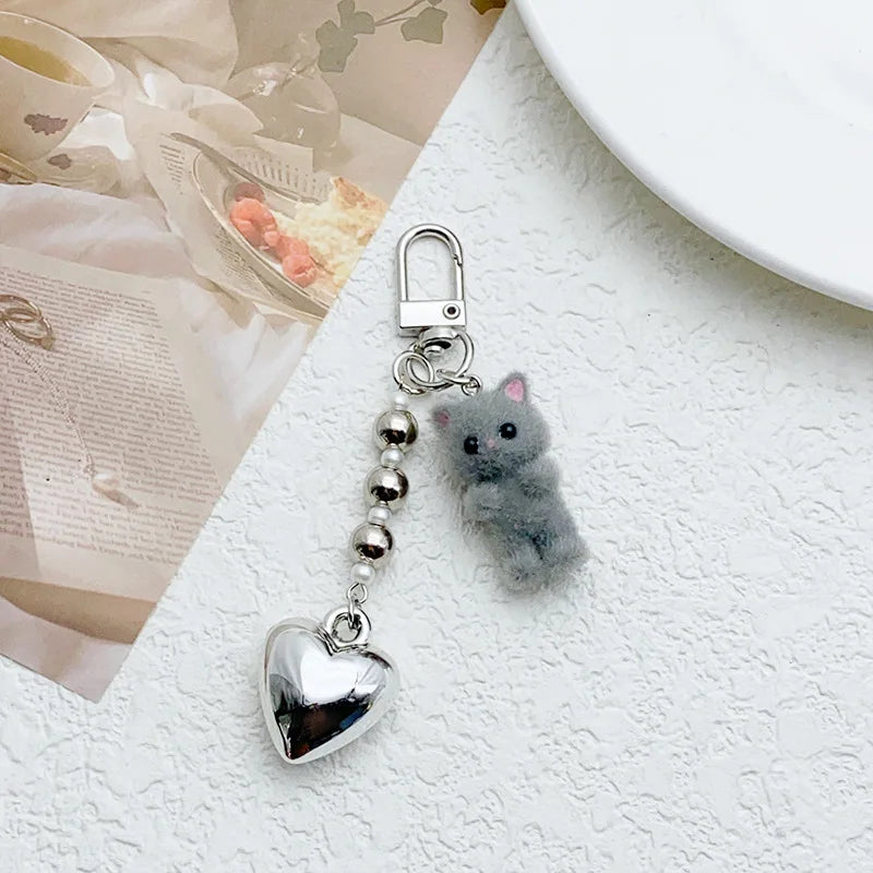 Cute Flocking Cat Keychain 3D Love Pendant Headphone Charm Bag Decor Jewelry Gift