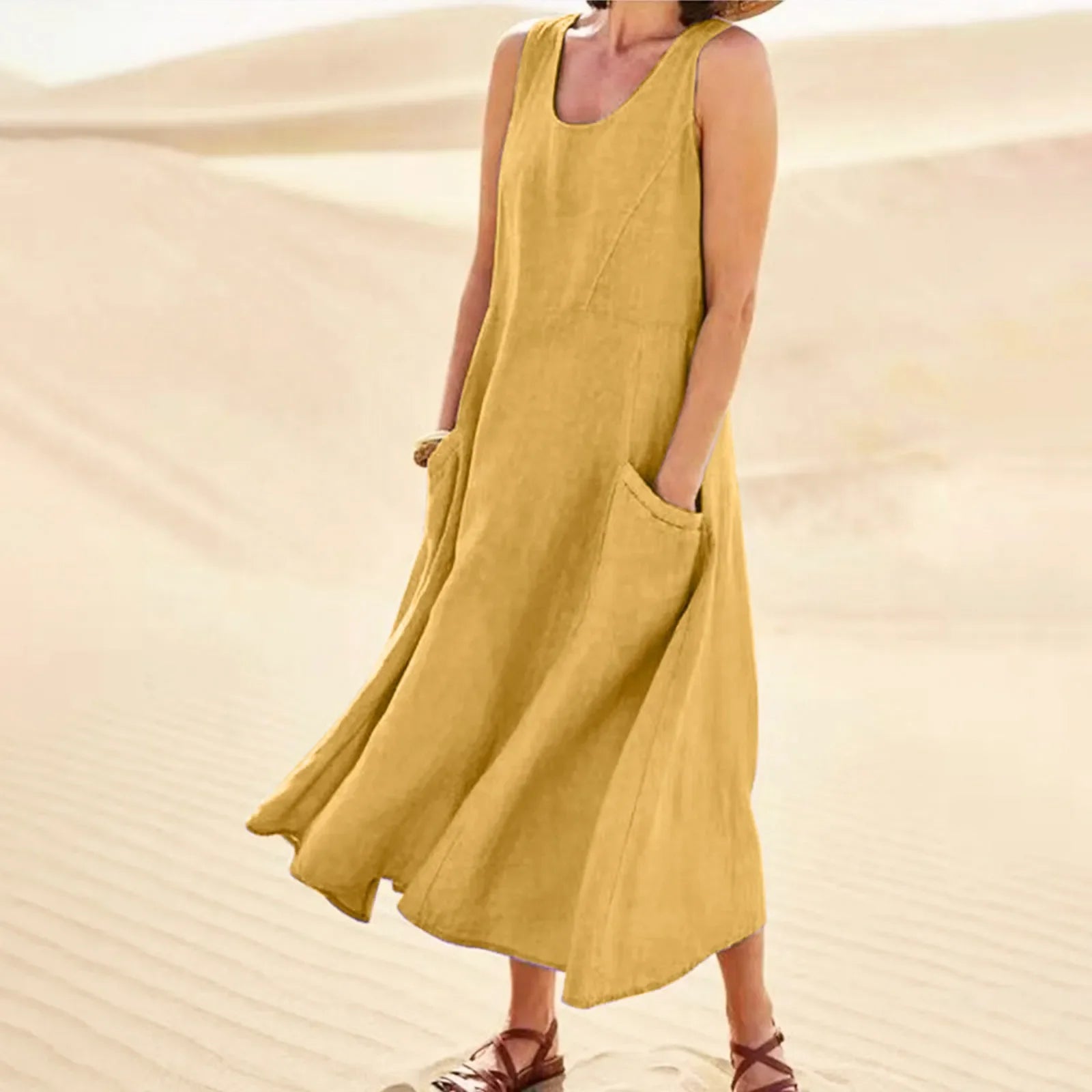 Cotton Linen Maxi Dress Plus Size Boho Sleeveless Pocket