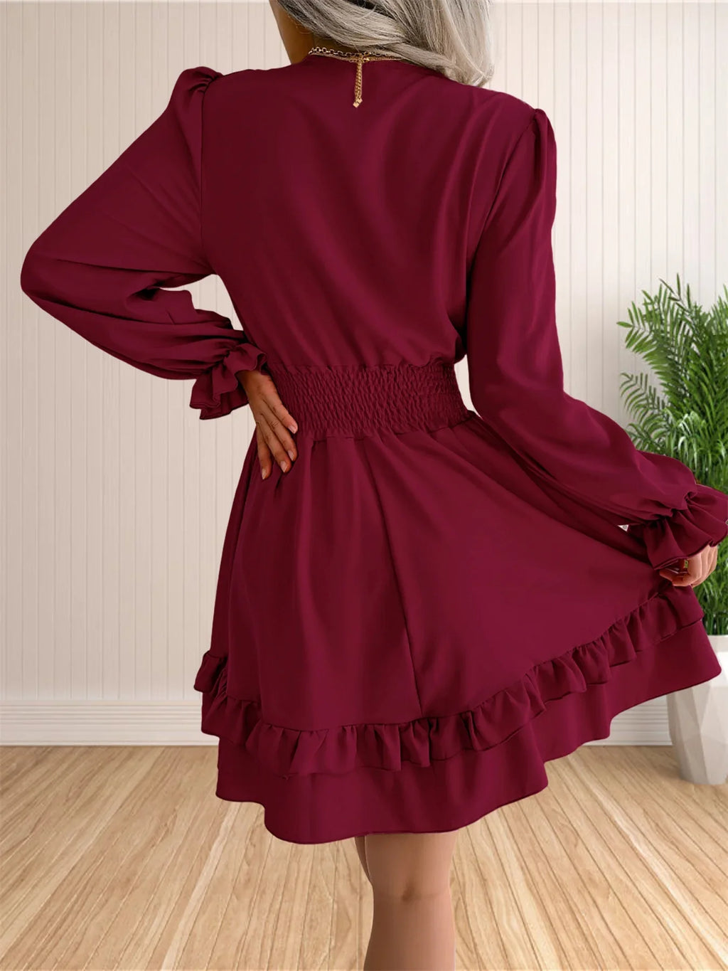 Womens V Neck Knot Front Smocked Waist Tiered Skater Dress