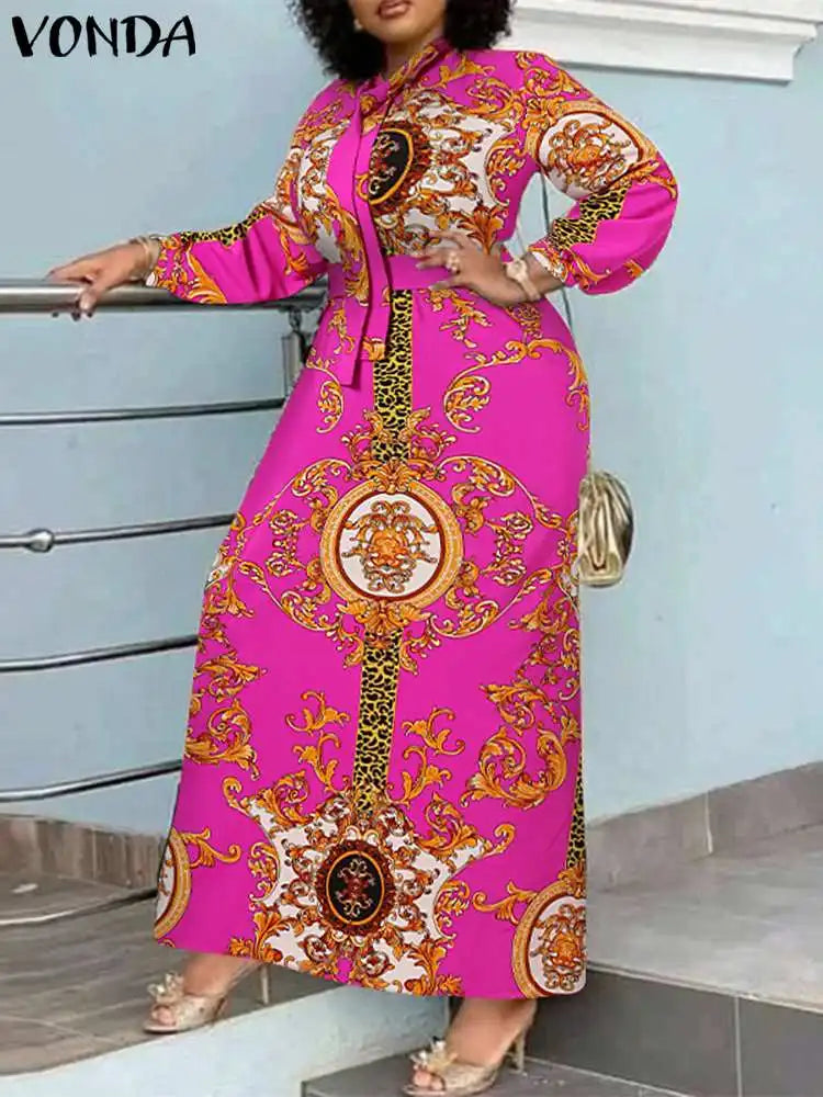 Bohemian Maxi Dress Belted Sundress For Party Long Sleeve