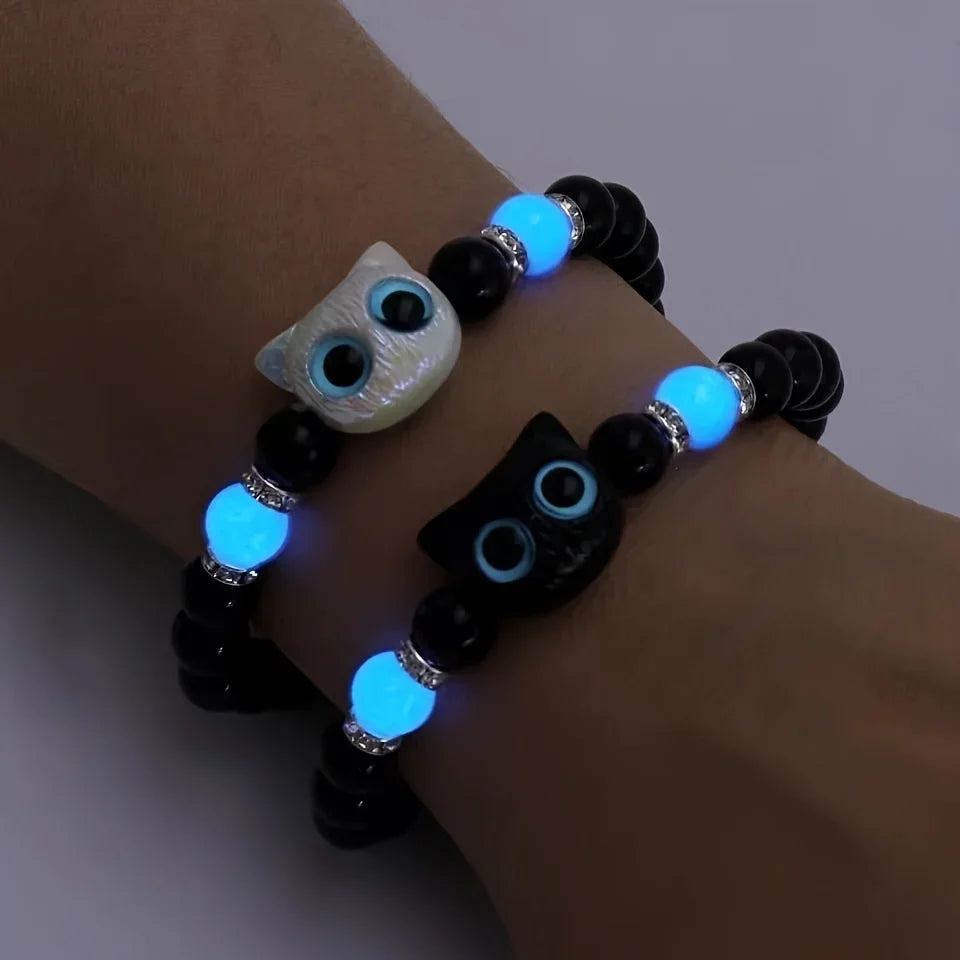 Luminous Cat Charm Bracelets for Couples Glow in the Dark Friendship Bangles Black and White Cat Head Design
