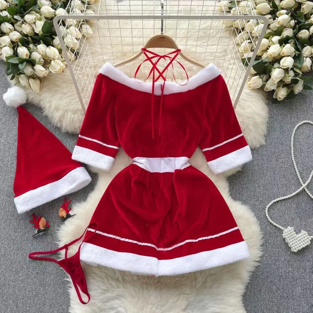 Sexy Christmas Cosplay Dress Red Halter Neck Mini Costume