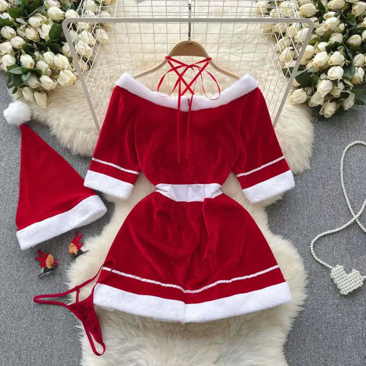 Sexy Christmas Cosplay Dress Red Halter Neck Mini Costume