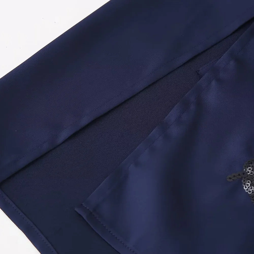 Women's Casual Polo Collar Long Sleeved Sequin Satin Kimono Coat and Bead Pants Set