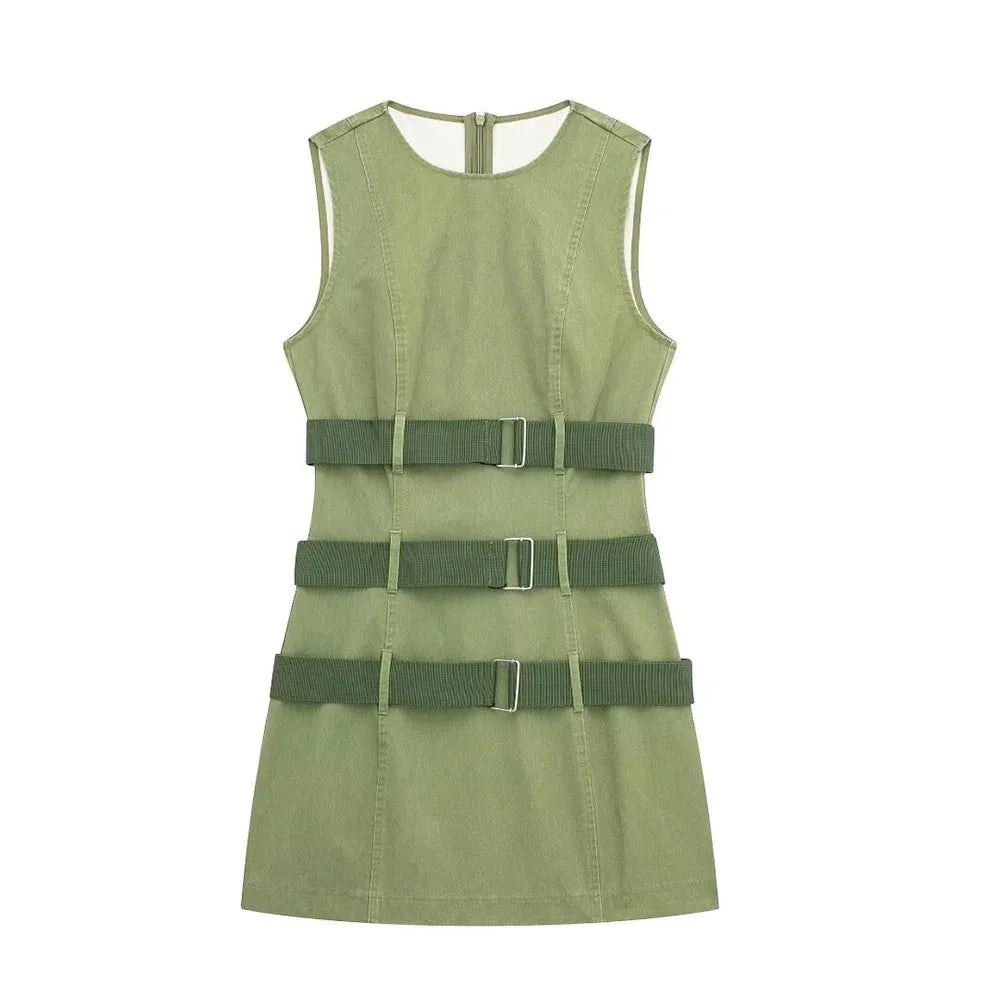 Green Belted Sleeveless Dress With Sweetheart Neckline