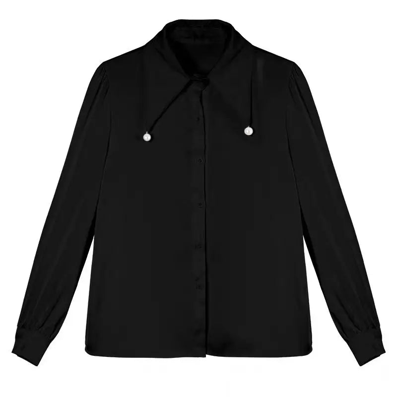 Spring Elegant Women Chiffon Blouse with Beaded Pointed Collar Loose Fit Long Sleeve Office Shirt Top