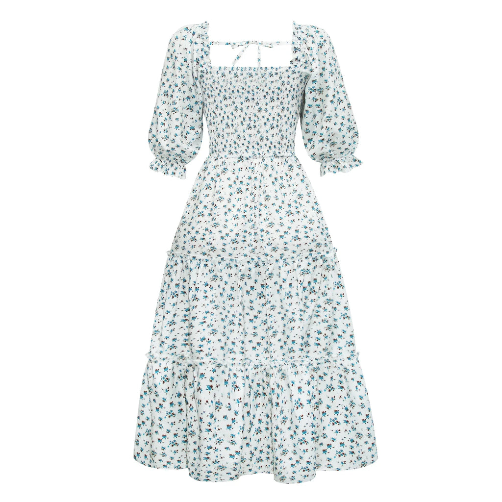 Floral Print Maxi Dress For Women Blue Half Sleeve Summer