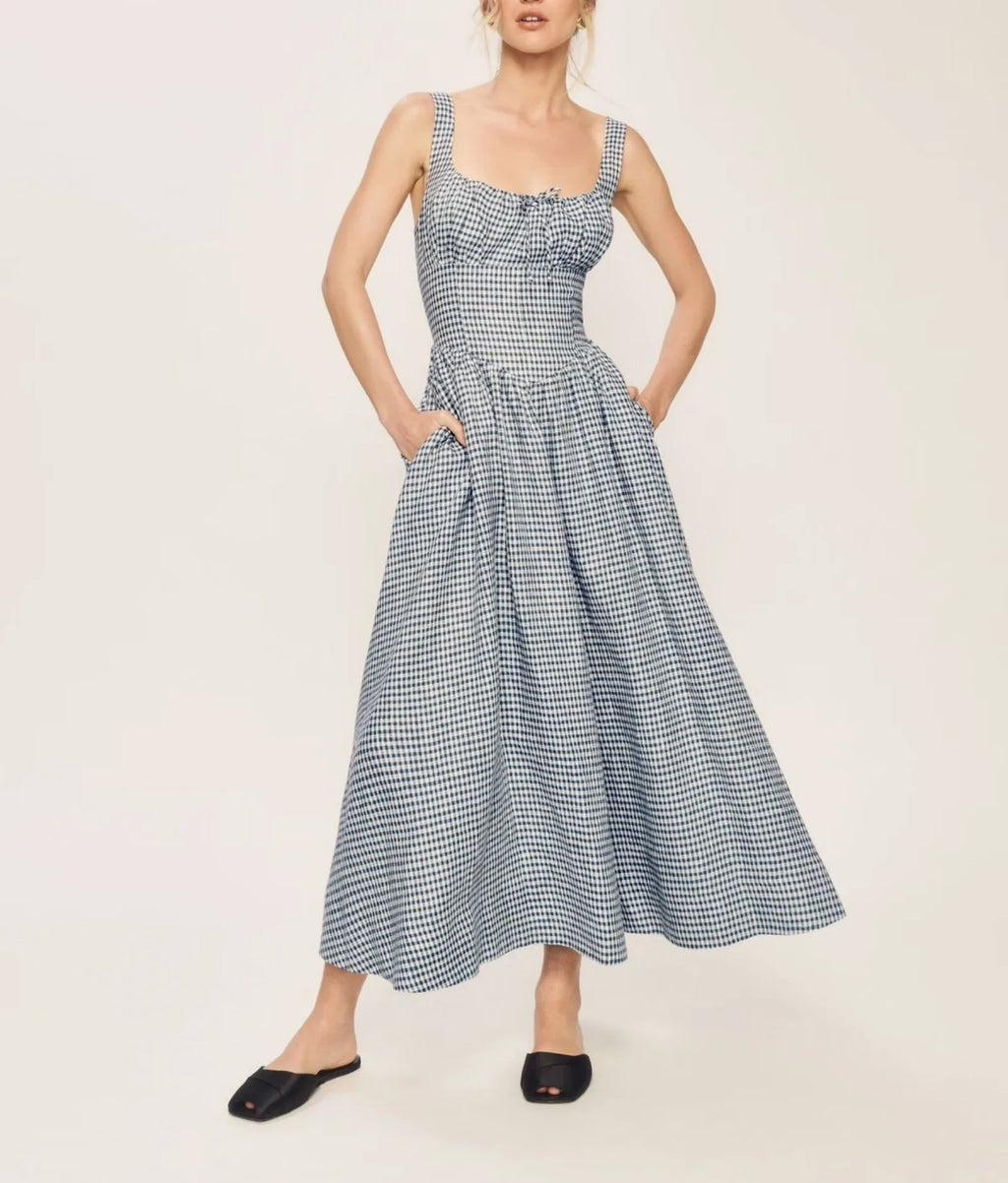 Waist Slimming Suspender Dress With Plaid Skirt Summer