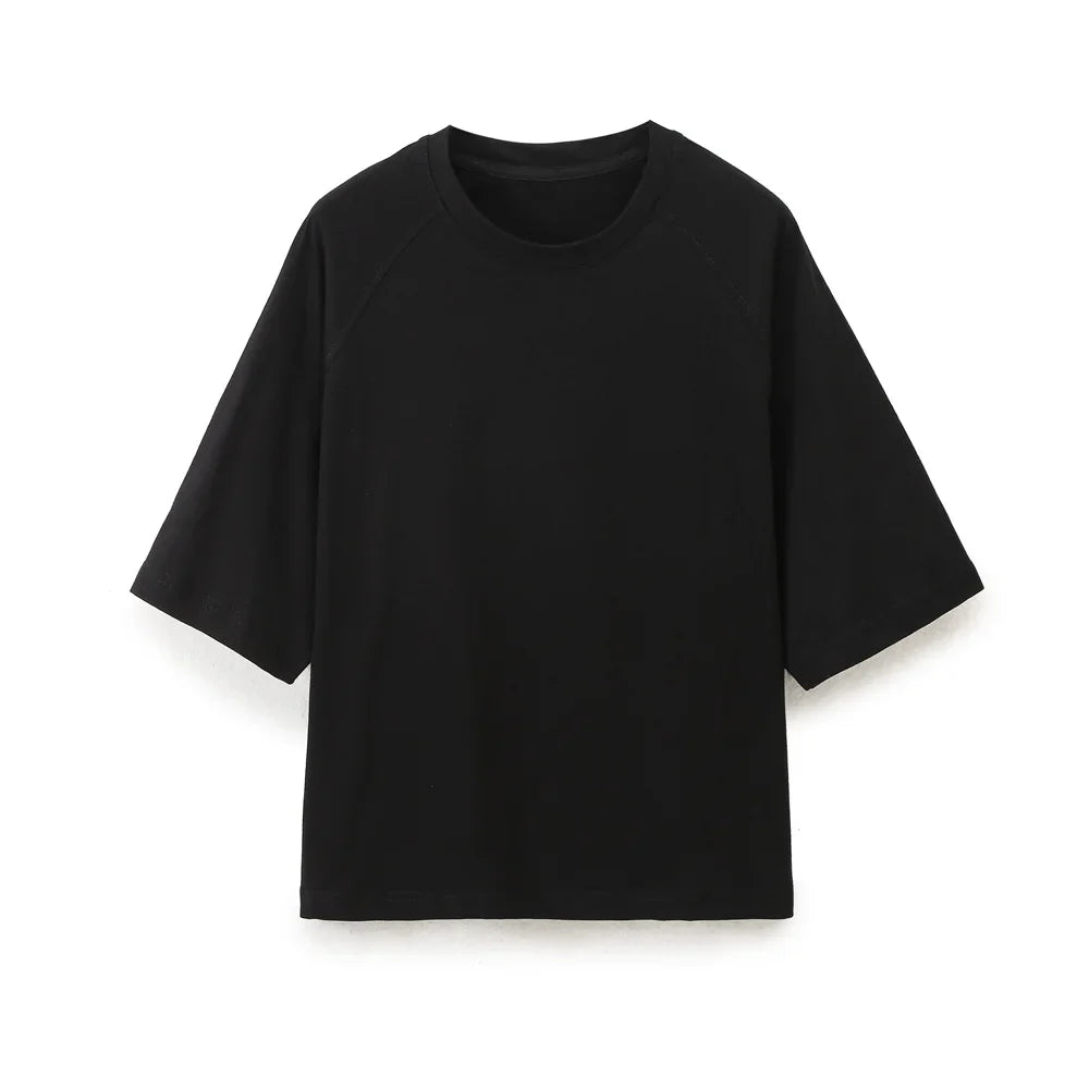 Women's Solid Casual Trouser Set with Short Sleeve T-Shirt and Elastic Waist Wide Leg Pants