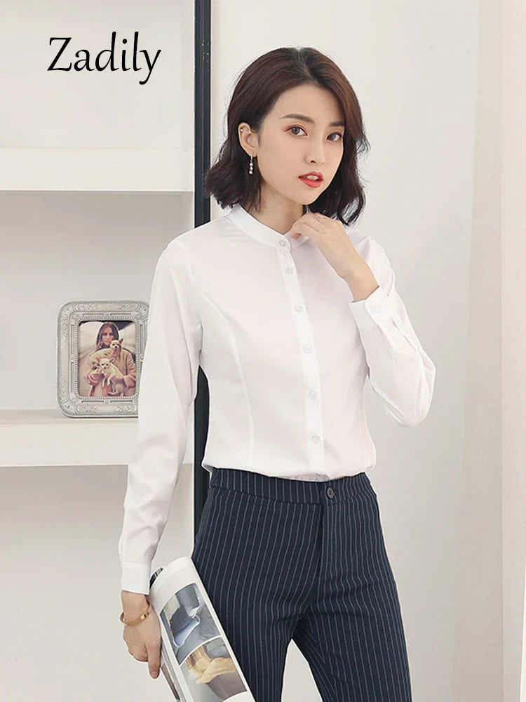 Women's Long Sleeve White Basic Shirt Blouse Stand Neck Tunic Button Up Office Work Top All Season