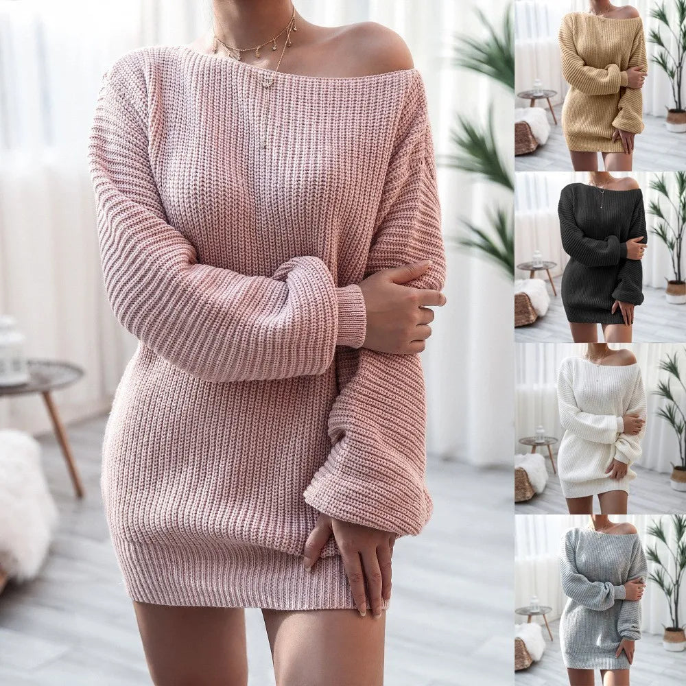 Casual Knit Sweater Dress With One Word Collar For Women