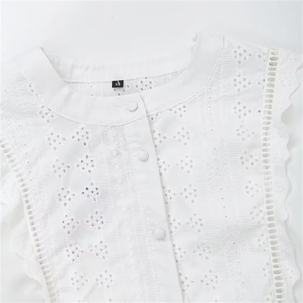 Women's Single Breasted Round Neck Lantern Sleeve Embroidered Hollow Shirt with Elegant Design and Slimming Fit