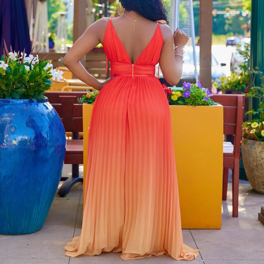 Maxi Dress Spaghetti Strap Pleated Deep V Neck Party