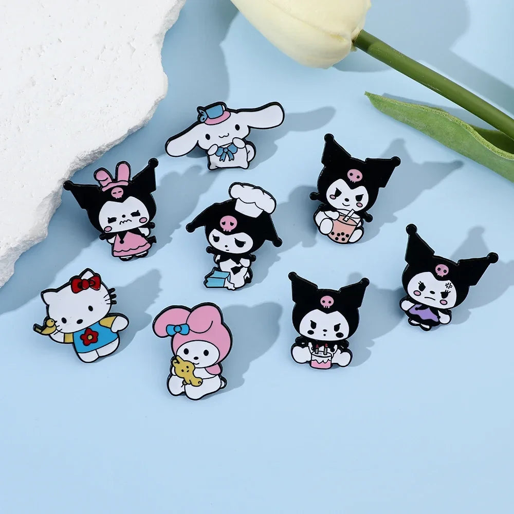 8 Pcs Hello Kitty Animal Brooch Set Cute Princess Kulomi Melody Lapel Pins Fashion Metal Badges for Backpack and Clothing Jewelry