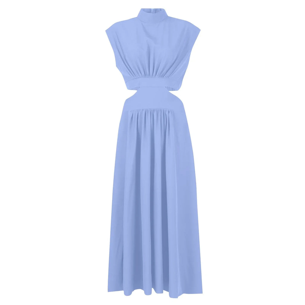 Solid Color High Waist Maxi Dress Sleeveless With Pockets