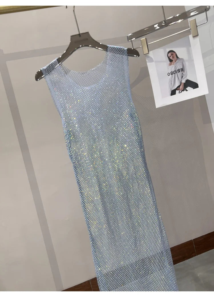 Rhinestone Mesh Midi Dress for Sexy Party and Clubwear