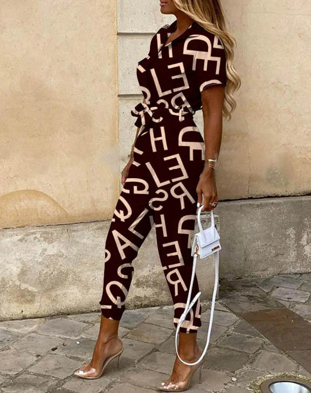 Summer Casual Women's Jumpsuit with Lapel Collar Printed Waistband and Stylish Buckle Detail