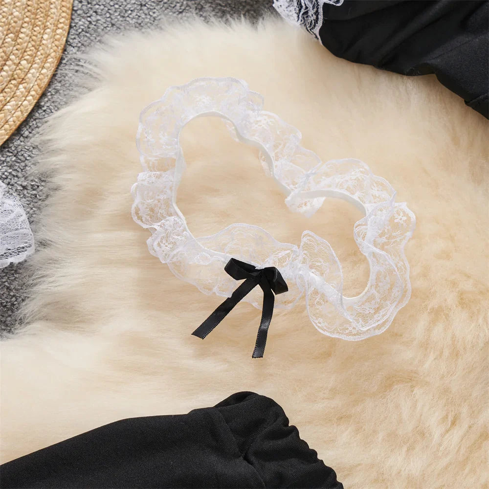 Sexy Maid Cosplay Lingerie Set with V-Neck Crop Top and Elastic Waist A-Line Mini Skirt