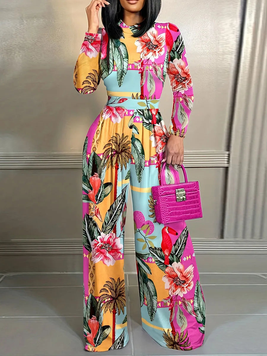 Women's Elegant Stand Collar Long Sleeve Bodysuit Jumpsuit with Fashion Print Waist Zipper and Ankle-Length Straight Pants