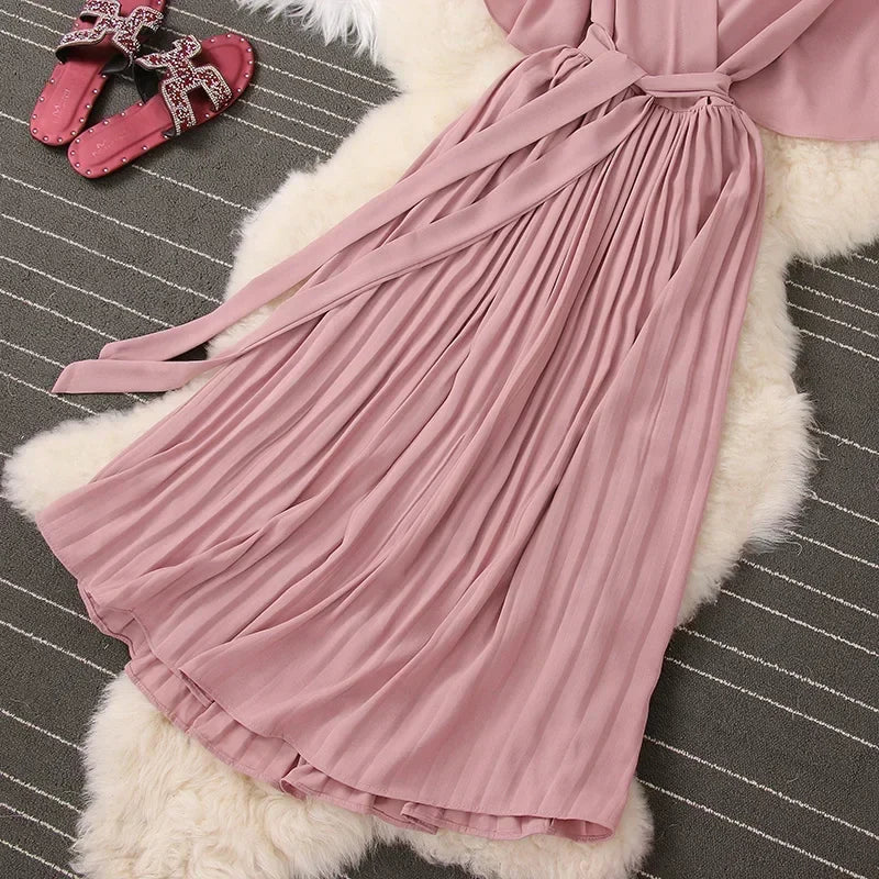 Chiffon Pleated Lace Up V Neck Dress For Women Summer