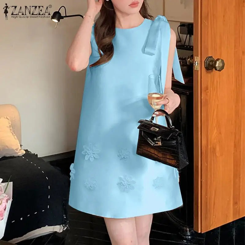 Elegant Korean Flower Bow Sleeveless Mini Dress For Women