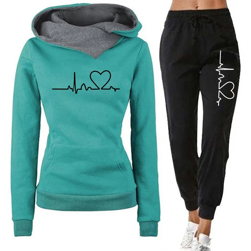 Womens Casual Tracksuit Set with Double Neck Hooded Sweatshirt and Heart Print Sweatpants for Autumn and Winter