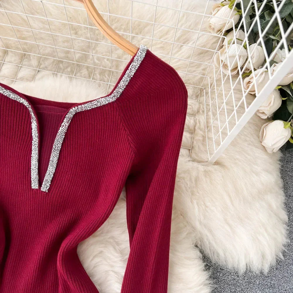 Knit Bodycon Dress For Women Long Sleeve Winter Sweater