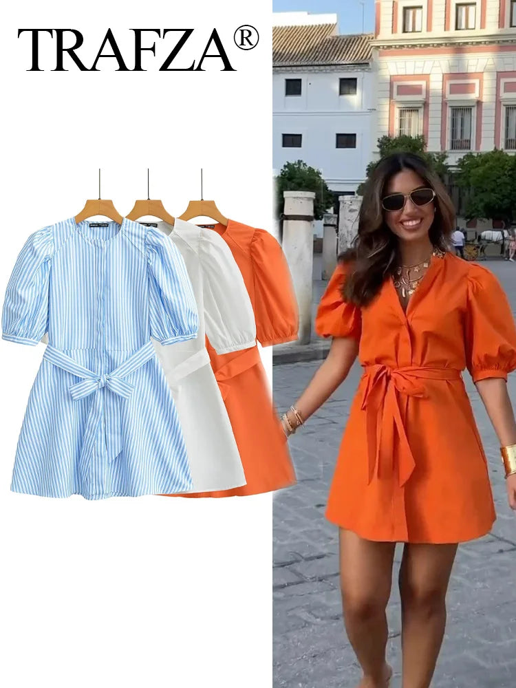 Orange Puff Sleeve Mini Dress With Bow Belt For Women