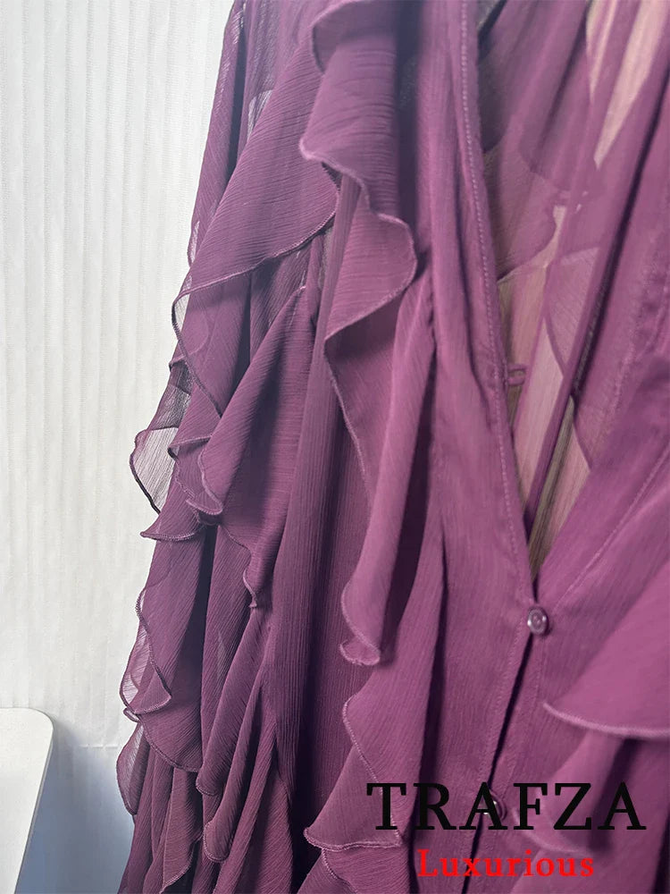 Burgundy Mesh Ruffle Blouse for Women Long Sleeve Sheer Loose Fit Elegant Party Top