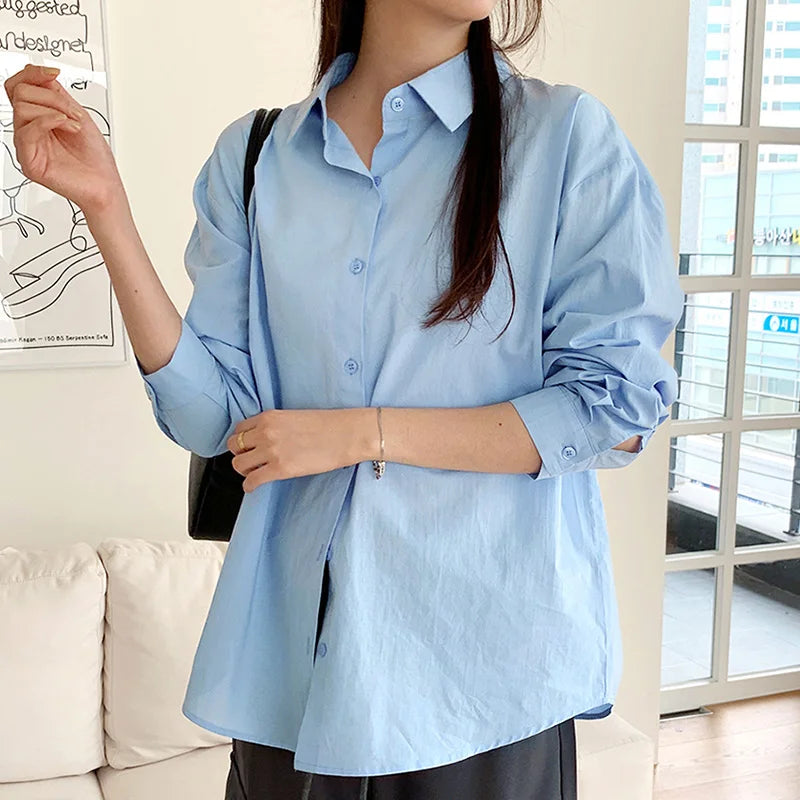 Women's Casual Loose Fit Long Sleeve Lapel Shirt 100 Percent Cotton Pure Color Versatile Layering Top for Spring and Autumn