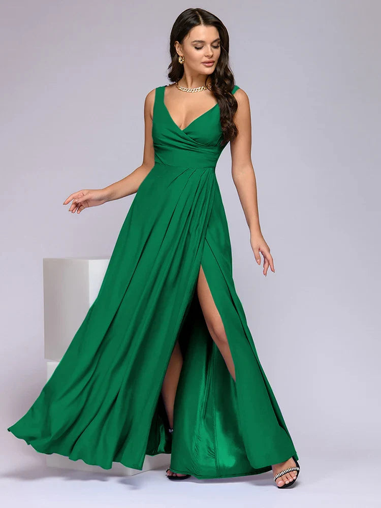 Deep V Neck Sleeveless Maxi Dress With Slit High Waist