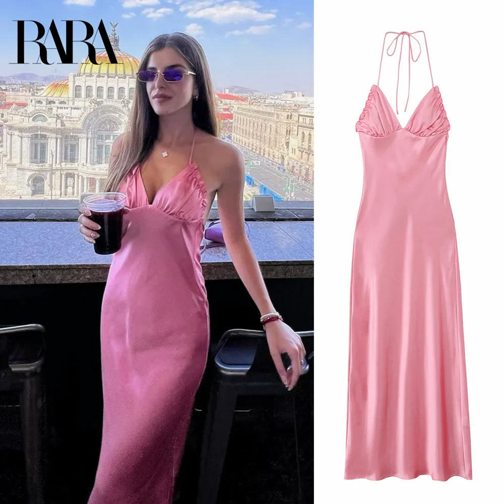 Sexy Satin Backless Suspender Dress Solid Color Glamour