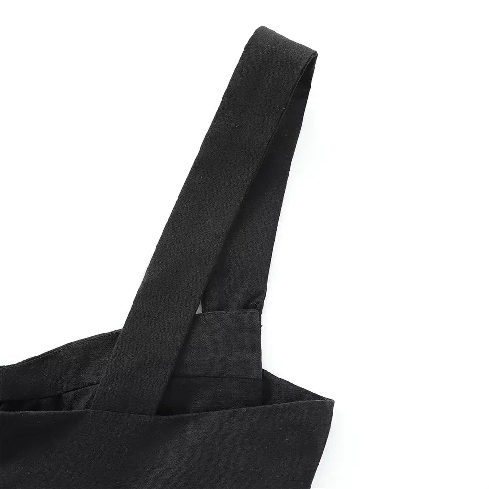 Black Linen Blend Dress Slim Fit With Wide Straps For Women