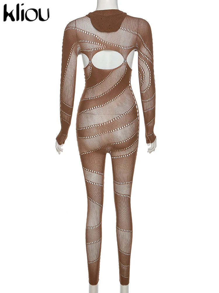 Sexy Mesh Patchwork Sheer Full Sleeve Hoodie Jumpsuit for Women Hipster Body-Shaping Streetwear Overalls